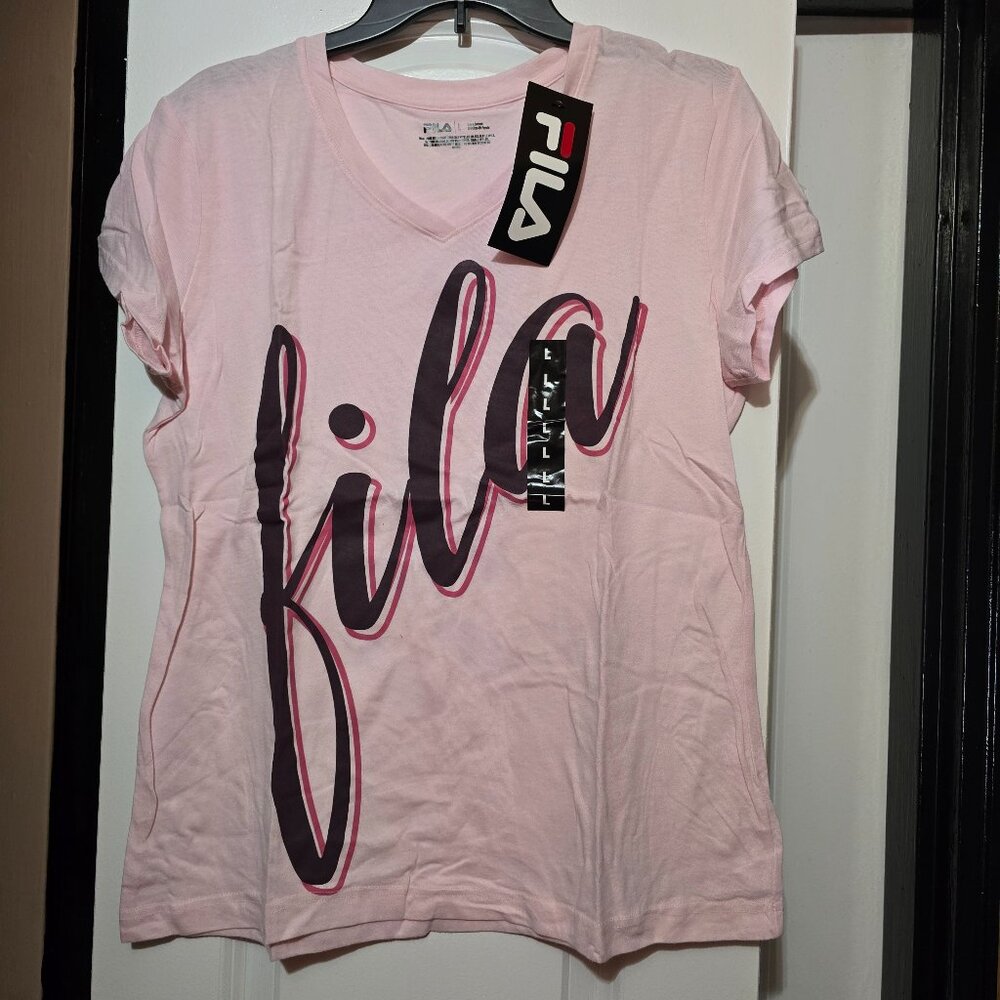 Fila Women's Light Pink Graphic T-Shirt W Cursive Logo Design Size Large